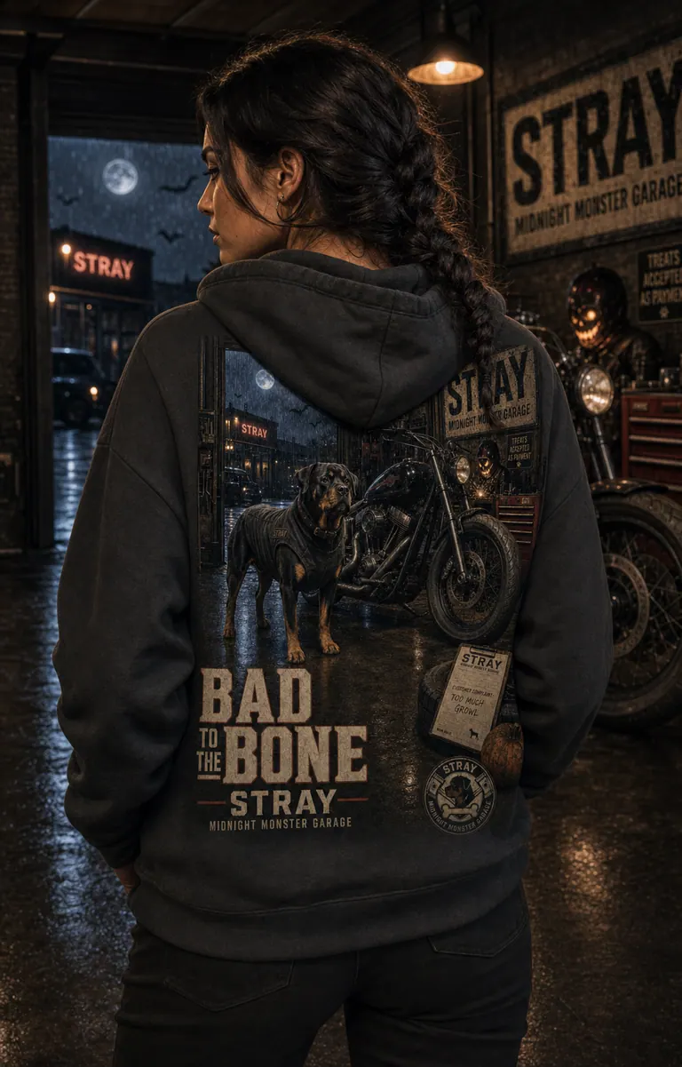 Woman wearing the Midnight Monster Garage hoodie, back view